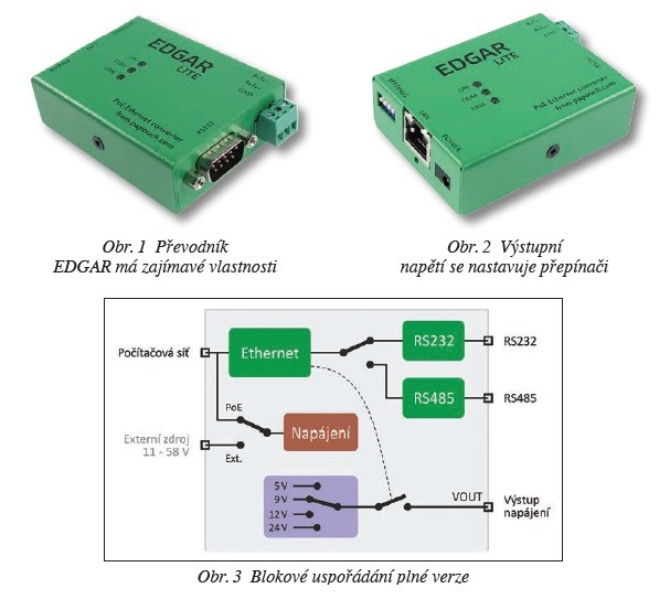 EDGAR Převodník Ethernetu na RS232 nebo RS485 s PoE a napěťovým výstupem